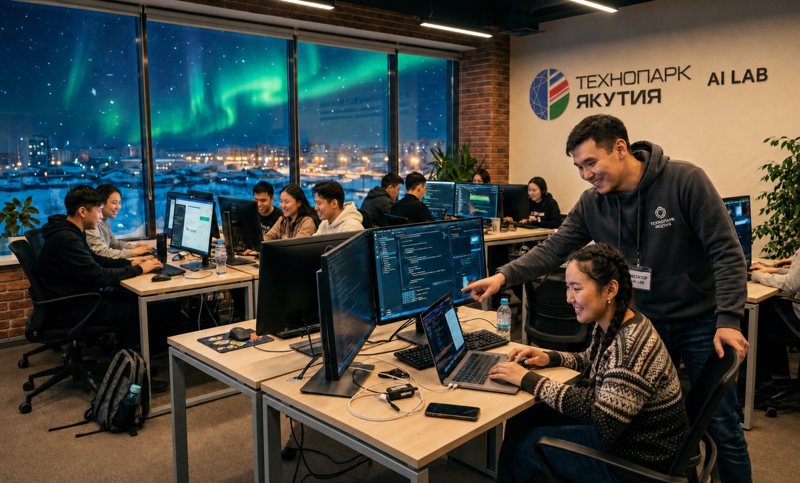 Занятие в AI Lab Технопарка «Якутия»: подростки за компьютерами, наставник помогает, за окном полярное сияние